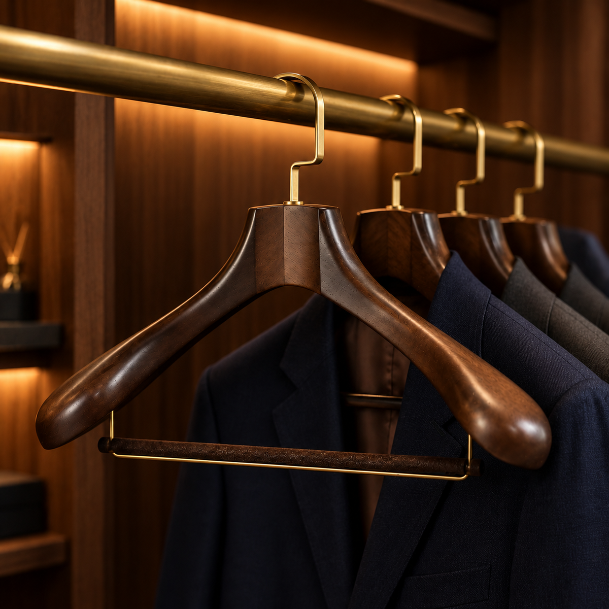 Walnut Suit Hanger, 2.5 Inch Wide Contoured Shoulders, Velvet Trouser Bar, Brass Hook, Full Shoulder Support for Tailored Jackets