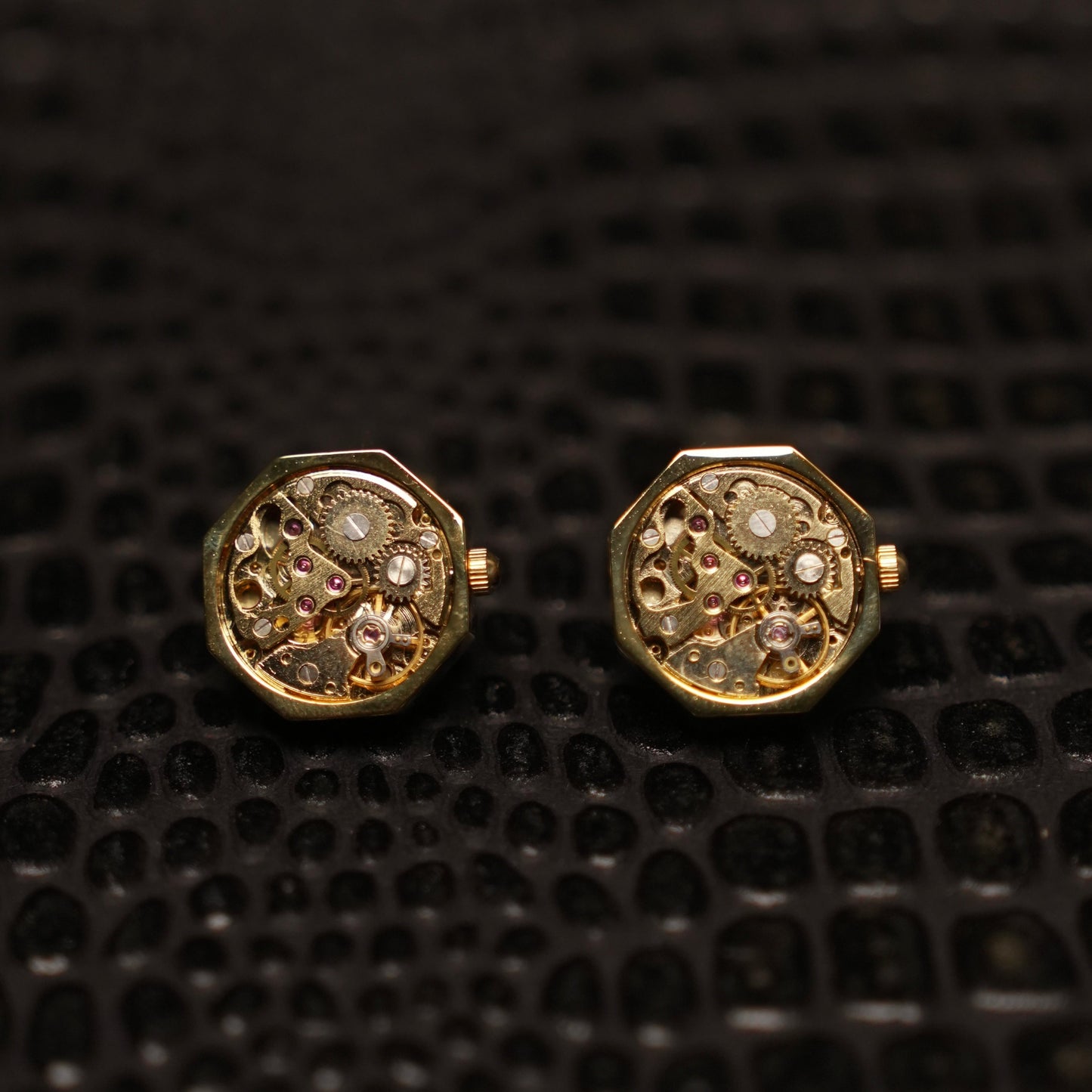 Gold Watch Inspired Cufflinks, Octagon Gear Design, Boxed Gift
