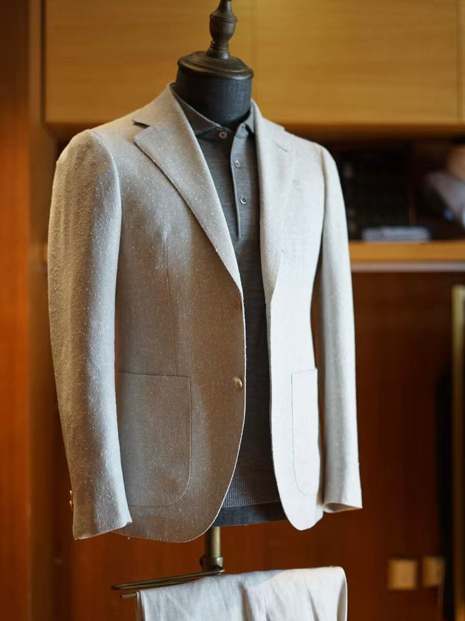 Light Beige Wool-Linen Blend Textured Blazer