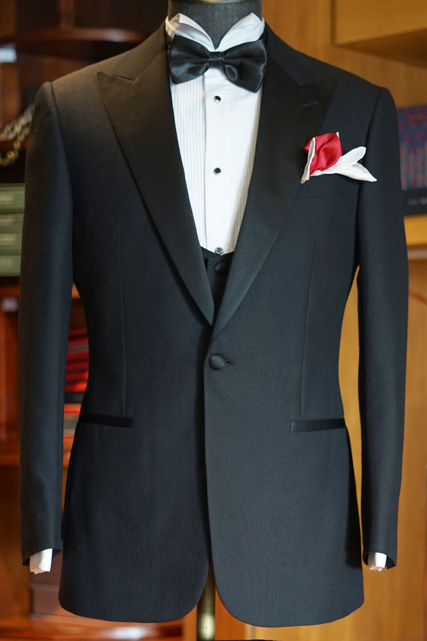 Classic Black English Wool Subtle Stripe Pattern Tuxedo – Peak Lapel Edition