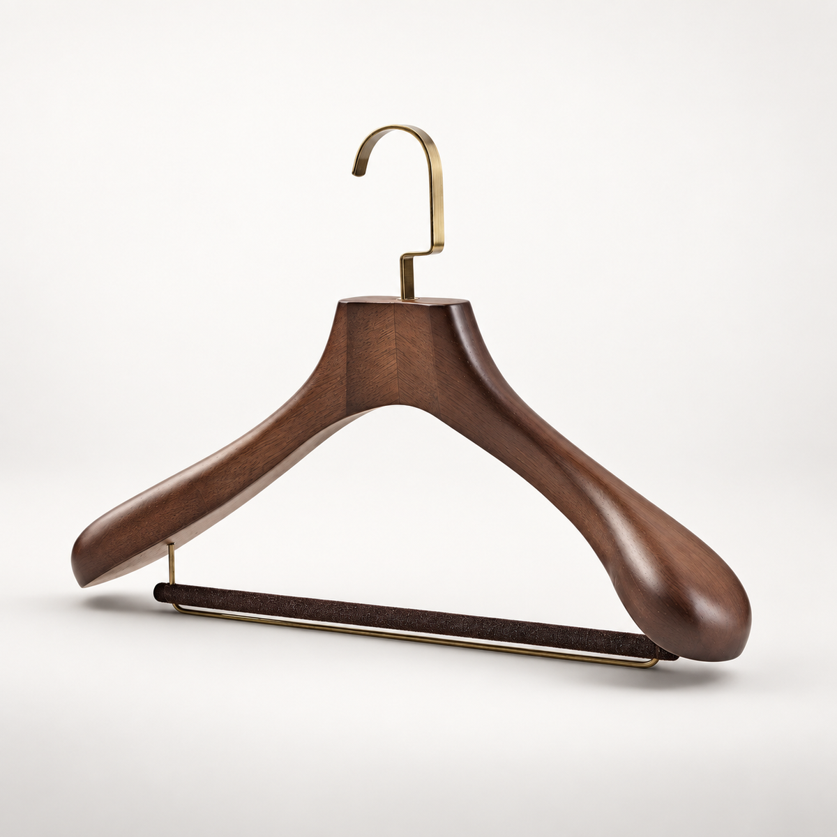 Walnut Suit Hanger, 2.5 Inch Wide Contoured Shoulders, Velvet Trouser Bar, Brass Hook, Full Shoulder Support for Tailored Jackets