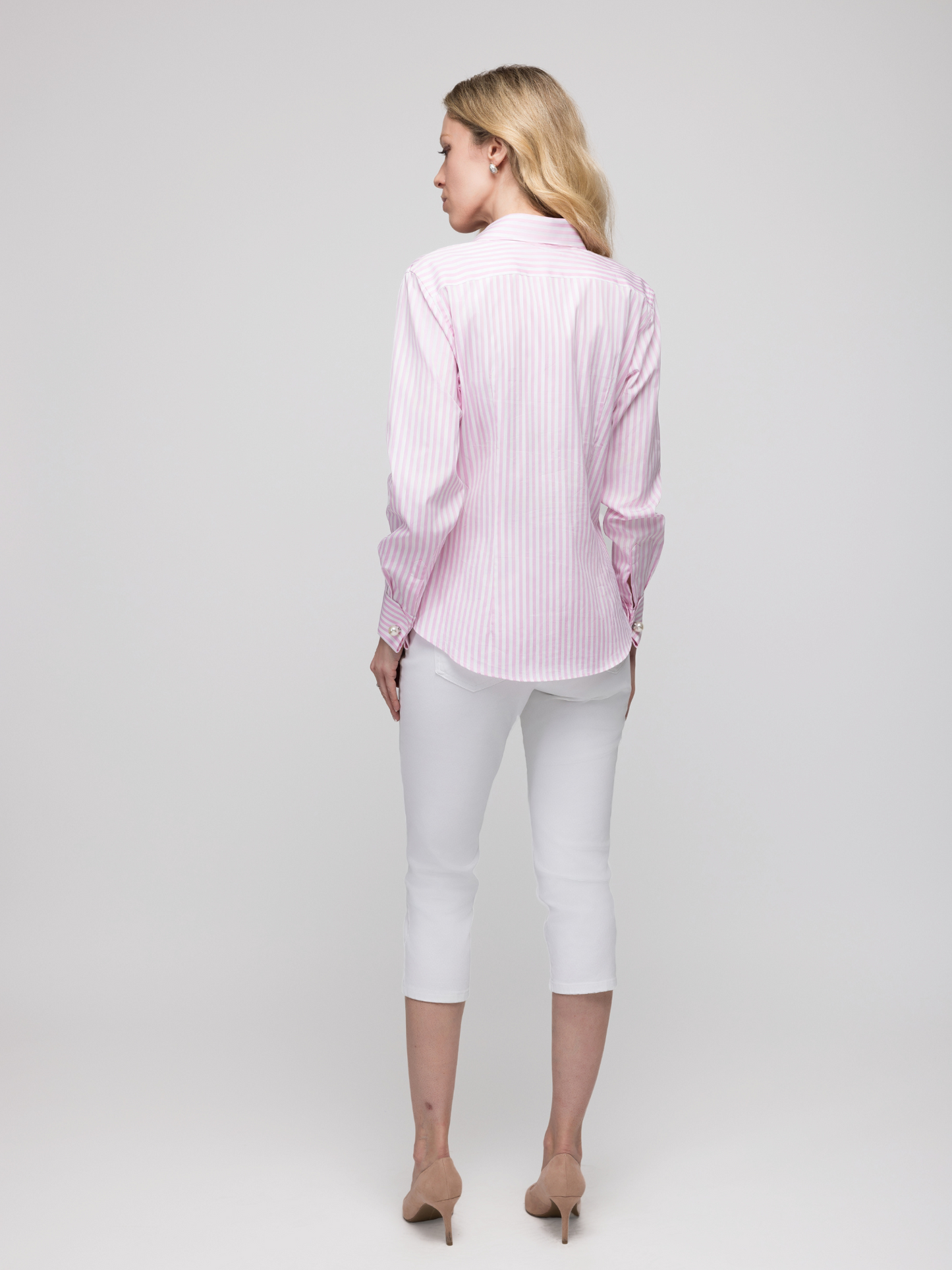 Custom Women’s Pink Striped French Cuff Cotton Shirt – Italy Canclini Fabric