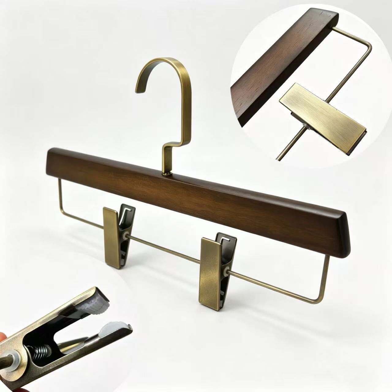 Adjustable Walnut Wood Trousers Hanger | Antique Brass Clips, Men's Closet Upgrade