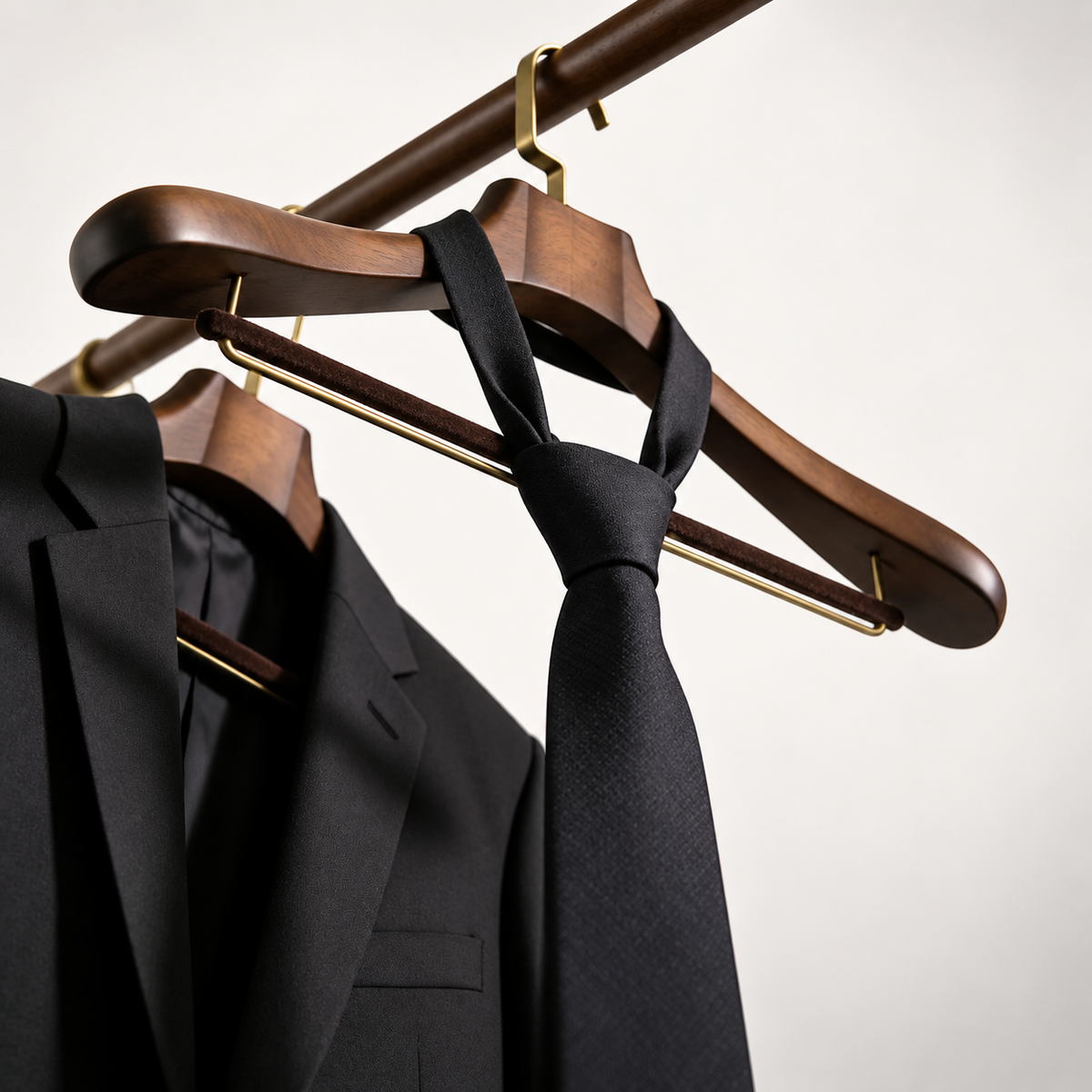 Walnut Suit Hanger, 2.5 Inch Wide Contoured Shoulders, Velvet Trouser Bar, Brass Hook, Full Shoulder Support for Tailored Jackets