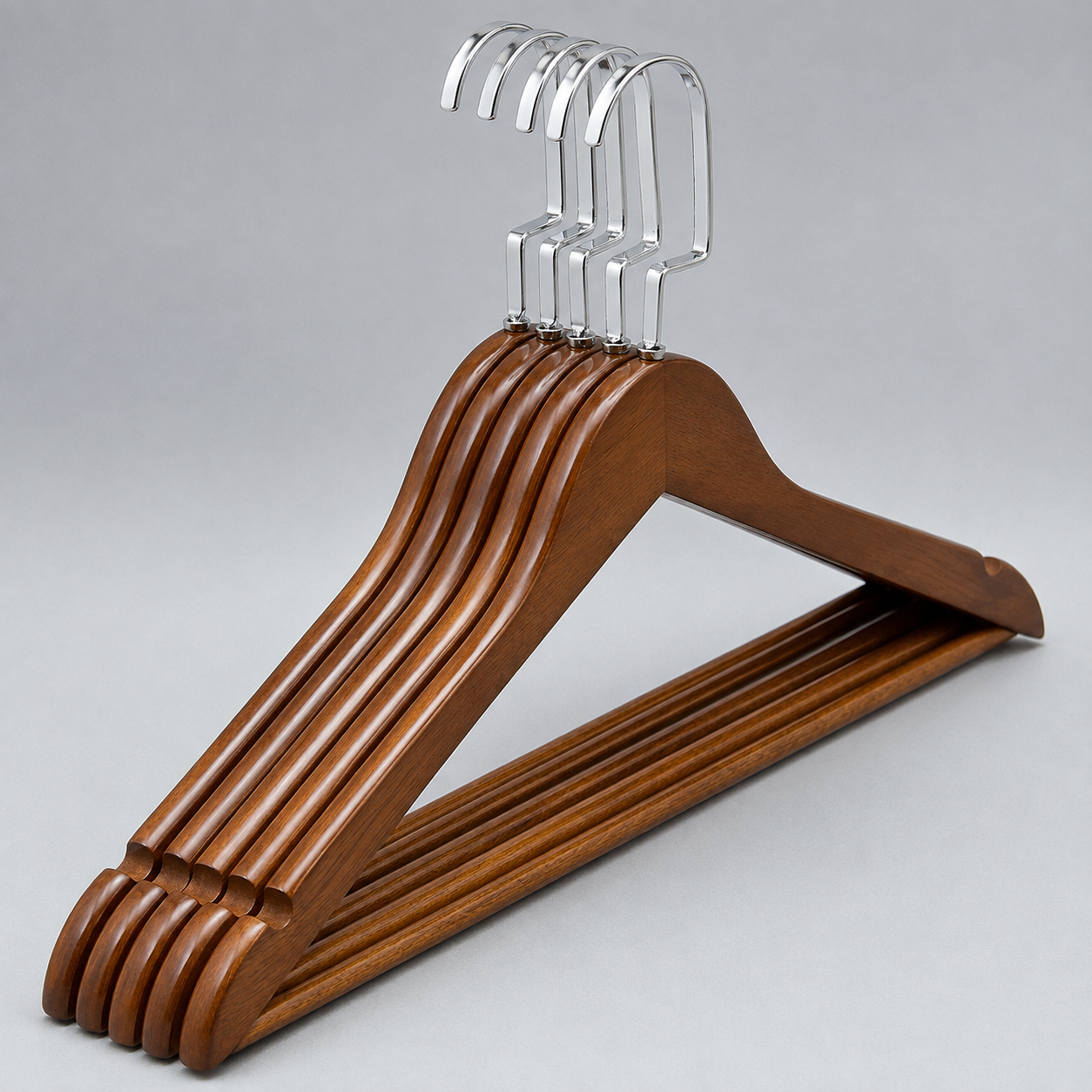 Wooden Clothes Hangers with Trouser Bar, Set of 5