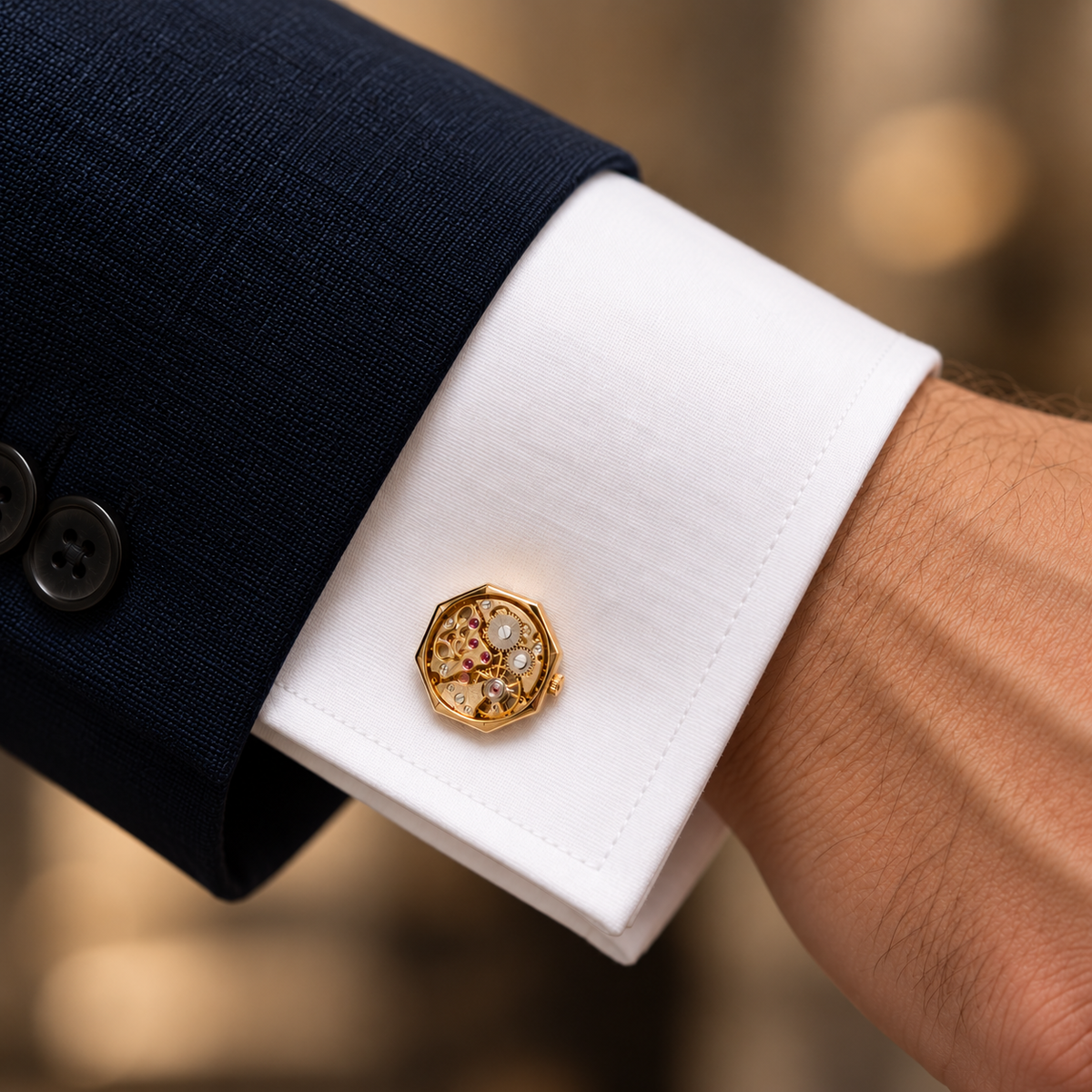 Gold Watch Inspired Cufflinks, Octagon Gear Design, Boxed Gift