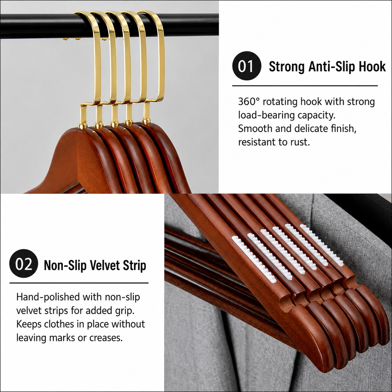 Wooden Clothes Hangers with Trouser Bar, Set of 5