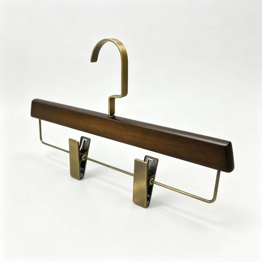 Adjustable Walnut Wood Trousers Hanger | Antique Brass Clips, Men's Closet Upgrade
