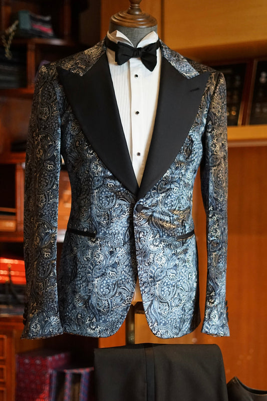 Midnight Blue Paisley Dinner Jacket – Satin Peak Lapel Edition