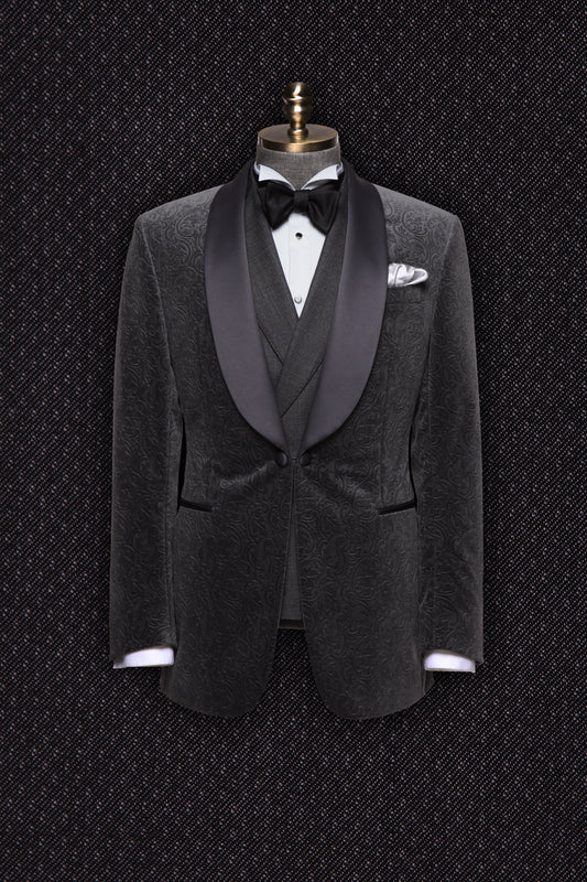 Grey Paisley Velvet Dinner Jacket – Shawl Lapel Edition