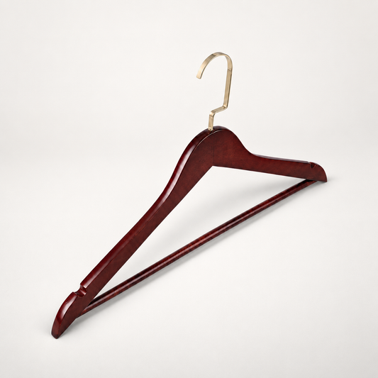 Wooden Clothes Hangers with Trouser Bar, Set of 5, Notched Shoulders